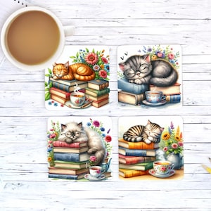 Coasters Set of 4, Cats and Books, book lover, cat lover.