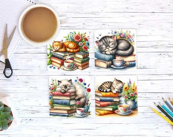 Coasters Set of 4, Cats and Books, book lover, cat lover.