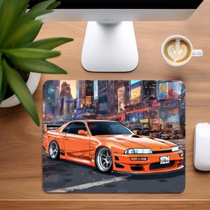 May include: Orange car driving through a city street scene. The car is a Japanese sports car with a black interior and black wheels. The city scene is a cartoon illustration of a city with tall buildings and street lights.