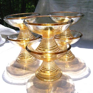 6 Dessert Sorbet Sundae Glasses Bowls Amber Heavy Glass Retro Vintage