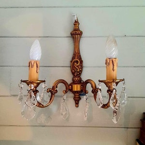 PAIR French Brass Glass Chandelier Sconces Wall Lights Vintage Chateau 2 Matching