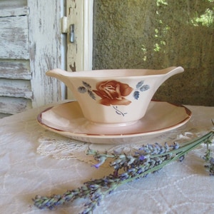 Molheira Digoin Saucière Prato Gotejador Rosa Floral Francês Vintage Colecionável