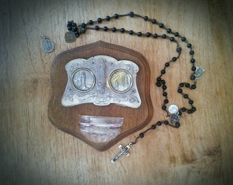French Holy Water Font with Joan of Arc Canonized Souvenir Rosary Beads Wooden Catholic Religious