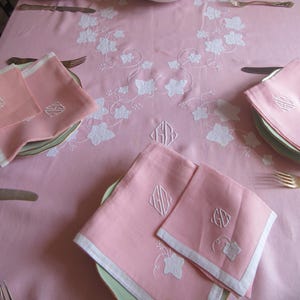 Vintage French Linen Tablecloth Set: Embroidered GC Monogram, Mamie Pink