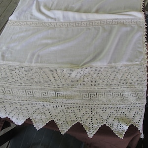 Shabby Antique Linen Lace Crochet Curtain French Vintage Handmade Original Rings