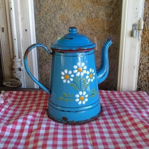 Emaille koffiekan koffiekan bloemen madeliefje Frans vintage blauw emailwerk
