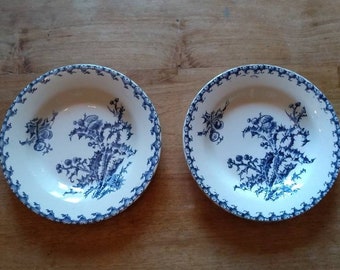 Vintage Faience Thistle Plates: Blue and White Terre de Fer, Set of 2