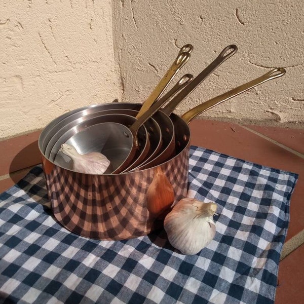 Set 5 Copper Saucepans French Vintage Farmhouse Country Style