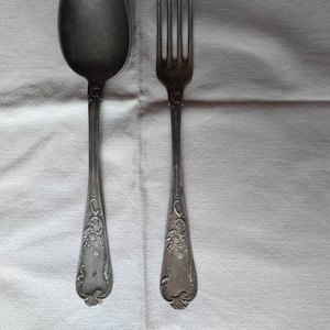 Antique Serving Fork Spoon Cutlery Flatware French Vintage Pewter