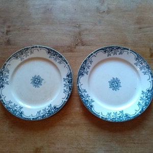 Antique French Faience Plates: Terre de Fer Blue & White Pair