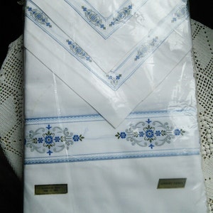 Unused Linen Sheet Set Bolster Pillow Cases French Vintage 1970s Blue White Original Packaging