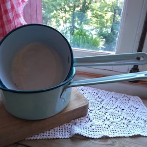 Pair of Mint Green Enamelware Saucepan Pots French Vintage