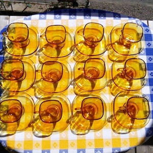 Coffee Espresso Amber Glass demi tasse cups saucers French Vintage Retro