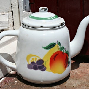 Enamelware Tea Pot Coffee Pot Fruit Pattern French Vintage