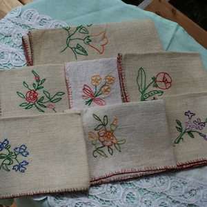6 Hemp Linen Napkins Serviettes and Tray Cloth Hand Embroidered Rustic French Vintage