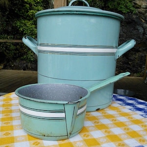 Large French Vintage Aqua Enamelware Pot with Lid plus saucepan