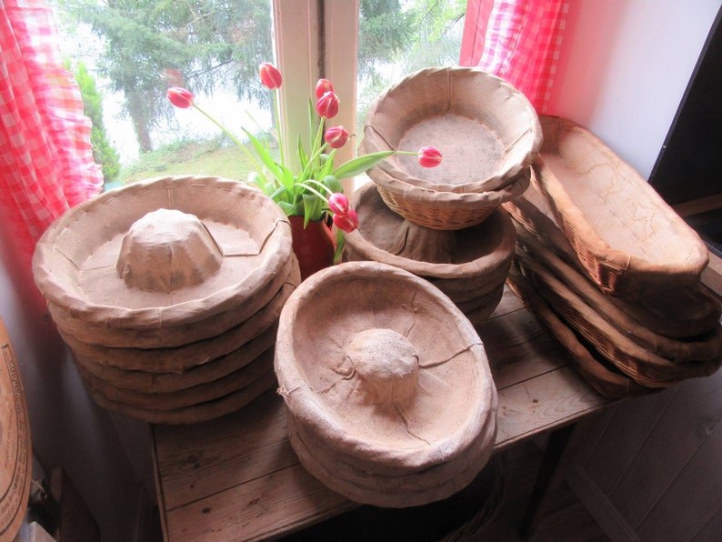 Vintage from 1950s rustic French bread baskets with liners from France. French Country Basket Inspiration: Resources for Rustic, French Market, and Boulangerie as well as photos to Inspire!