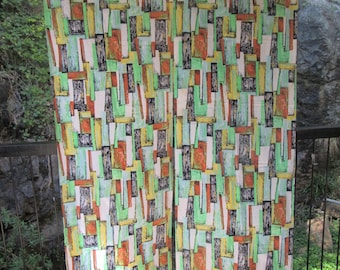 Pair 1950s Retro Mid-century Geometric Cotton Curtains Green Brown Black Yellow