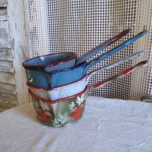4 Small Spout Enamelware Graniteware Saucepan Pots Pans French Vintage Kitchen Enamel