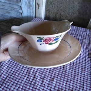 Prato Digoin para Molheira com Placa Gotejadora Saucière Rose Floral Francês Vintage Colecionável