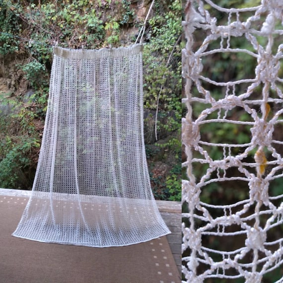 Vintage French Filet Lace Curtain: 1970s Retro Weave, Ecru Cream