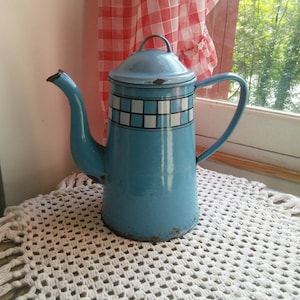 Coffee Pot Cafetiére Enameware French Vintage Check Patterned French Vintage Blue White