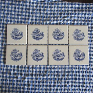 8 Tiles Ceramic Designer Richard Ginori Cerabati Blue White Retro 1960s French Vintage