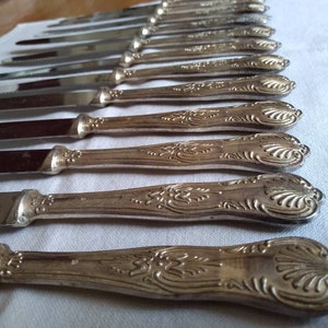 Ornate Knife Set Silver Plate Stainless Steel 12 piece French Vintage Retro Knives Serrated Shell Pattern