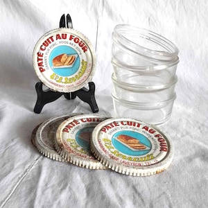 5 Rare Paté Glass Jars Tin Lids French Vintage Very Old Collectible Advertising