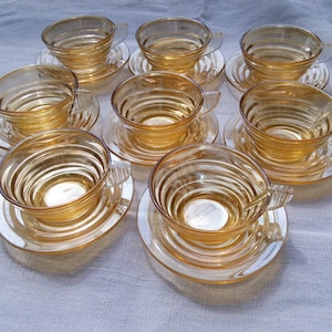 8 Glass Espresso cups saucers demi tasse Amber French Retro Vintage 16 pieces (2 sets avail)