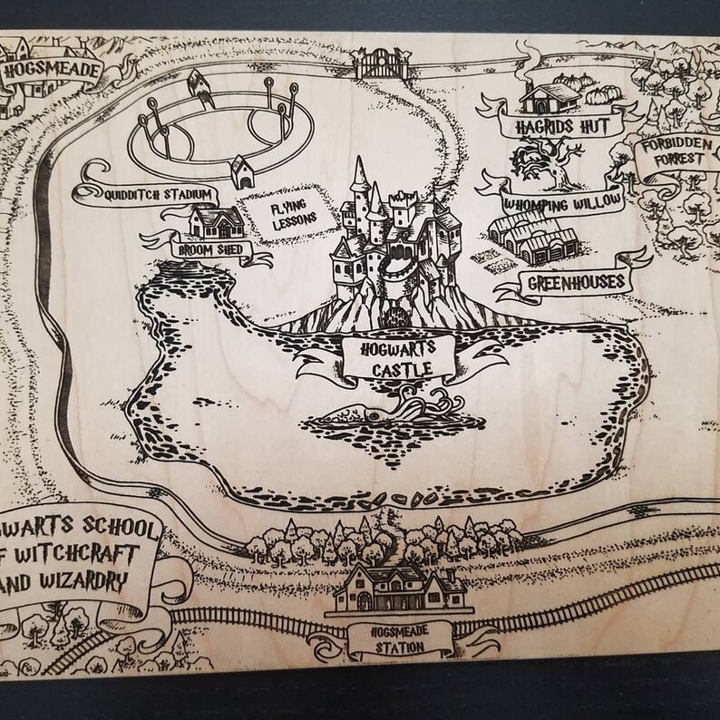 Engraved Map Of Hogwarts grounds Etsy