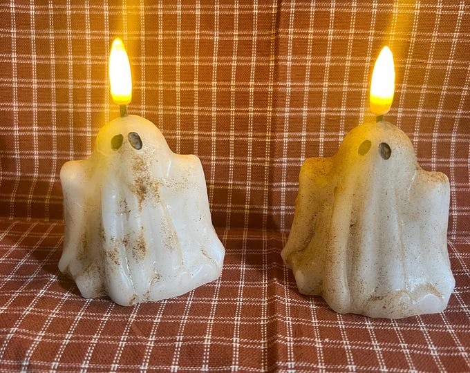 Pair of 2-3/4” Raggedy Junction Primitive glow flame TIMER GHOST votives