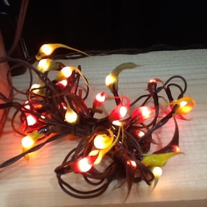 May include: A string of fairy lights with red and yellow bulbs. The lights are wrapped around a brown wire and are in a tangled pile.