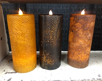 3x7” honeycomb battery operated TIMER  candle, Raggedy JUnction