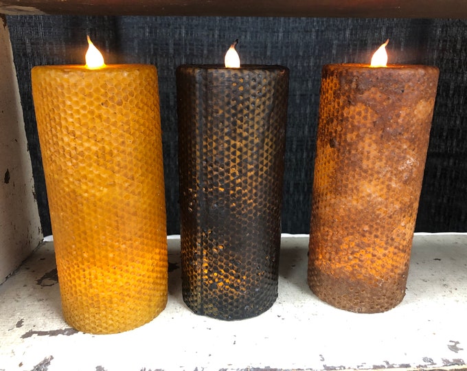 3x7” honeycomb battery operated TIMER  candle, Raggedy JUnction