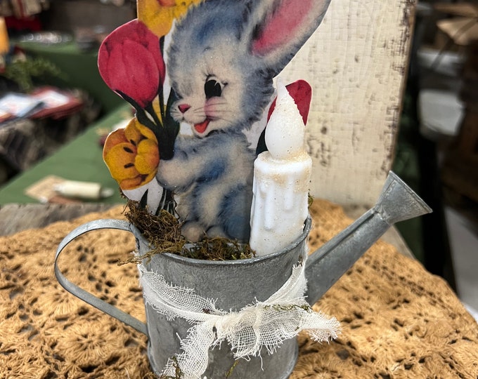 Raggedy junction primitive Easter bunny watering can