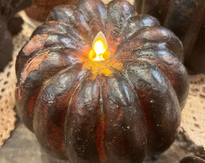 6x5” Raggedy Junction Primitive moving flame TIMER Medium  PUMPKIN candle,