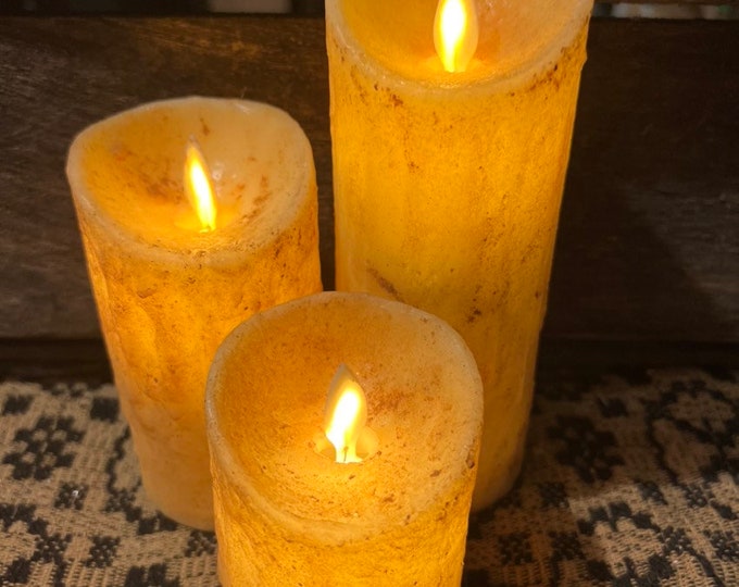Set of 3 2x3”, 2x4” & 2x6” Raggedy Junction Primitive moving flame flameless TIMER  pillar candle