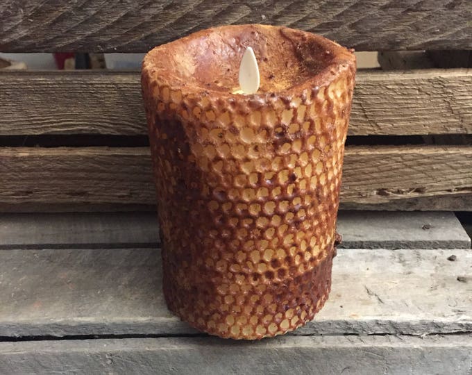 3.5x5” Raggedy Junction PRIMITIVE honeycomb beeswax moving flame flameless TIMER  pillar candle