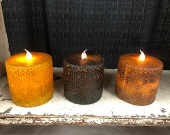 3x3” honeycomb battery operated TIMER  candle, Raggedy JUnction