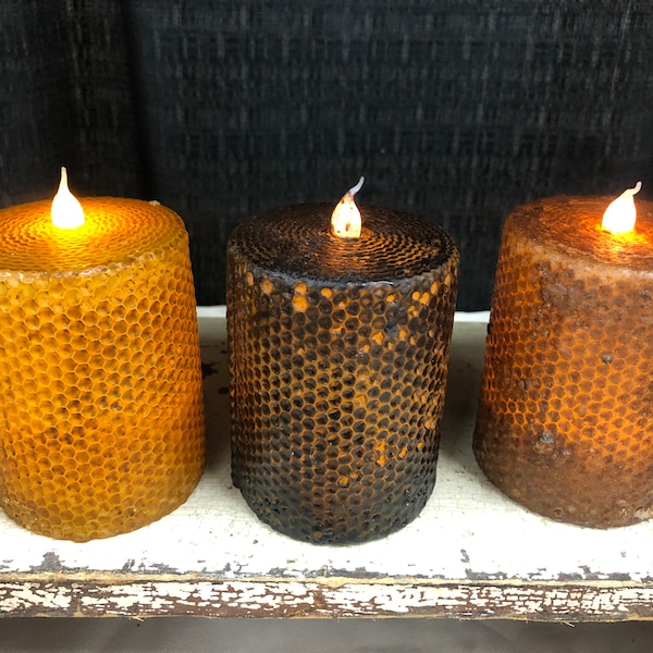 3x4” honeycomb battery operated TIMER  candle, Raggedy JUnction