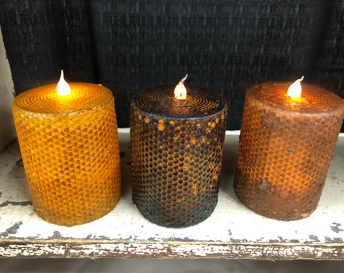 3x4” honeycomb battery operated TIMER  candle, Raggedy JUnction