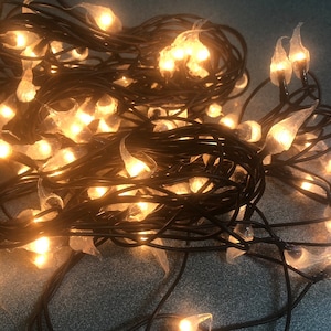 May include: A string of warm white fairy lights with clear, flame-shaped covers. The lights are strung on a black wire, creating a cozy and inviting ambiance. Perfect for decorating a bedroom or adding a touch of magic to any space.