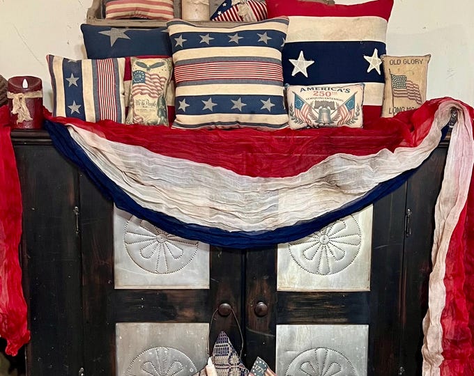 Primitive hand dyed  Red White and Blue Garland Gauze Table Cloth Patriotic Memorial Day Cheesecloth Table Runners for Independence day