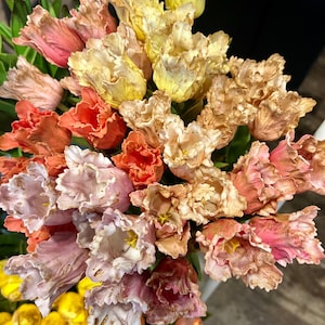 May include: A bouquet of faux tulips in shades of pink, peach, and orange. The tulips have a distressed, vintage look with a textured, ruffled appearance.