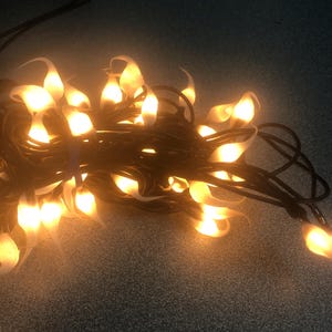 May include: A string of warm white fairy lights with a black cord and white bulb covers shaped like teardrops. The lights are tangled together.