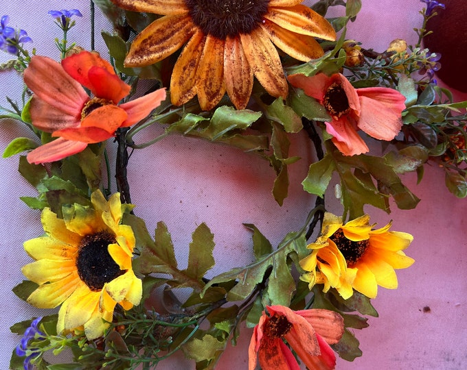 primitive Hand dyed floral candle ring or wreath sunflower mix