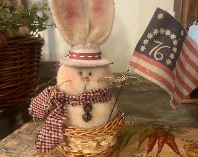 primitive grubby handmade bunny in basket for spring