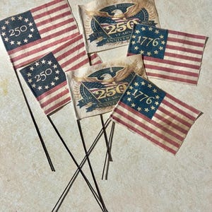 Primitive Americana Flags Set, Tea Stained Grungy Mini Flags, 250th Anniversary Designs, set of 6, 2 each