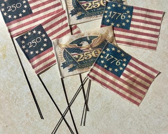 Primitive Americana Flags Set, Tea Stained Grungy Mini Flags, 250th Anniversary Designs, set of 6, 2 each